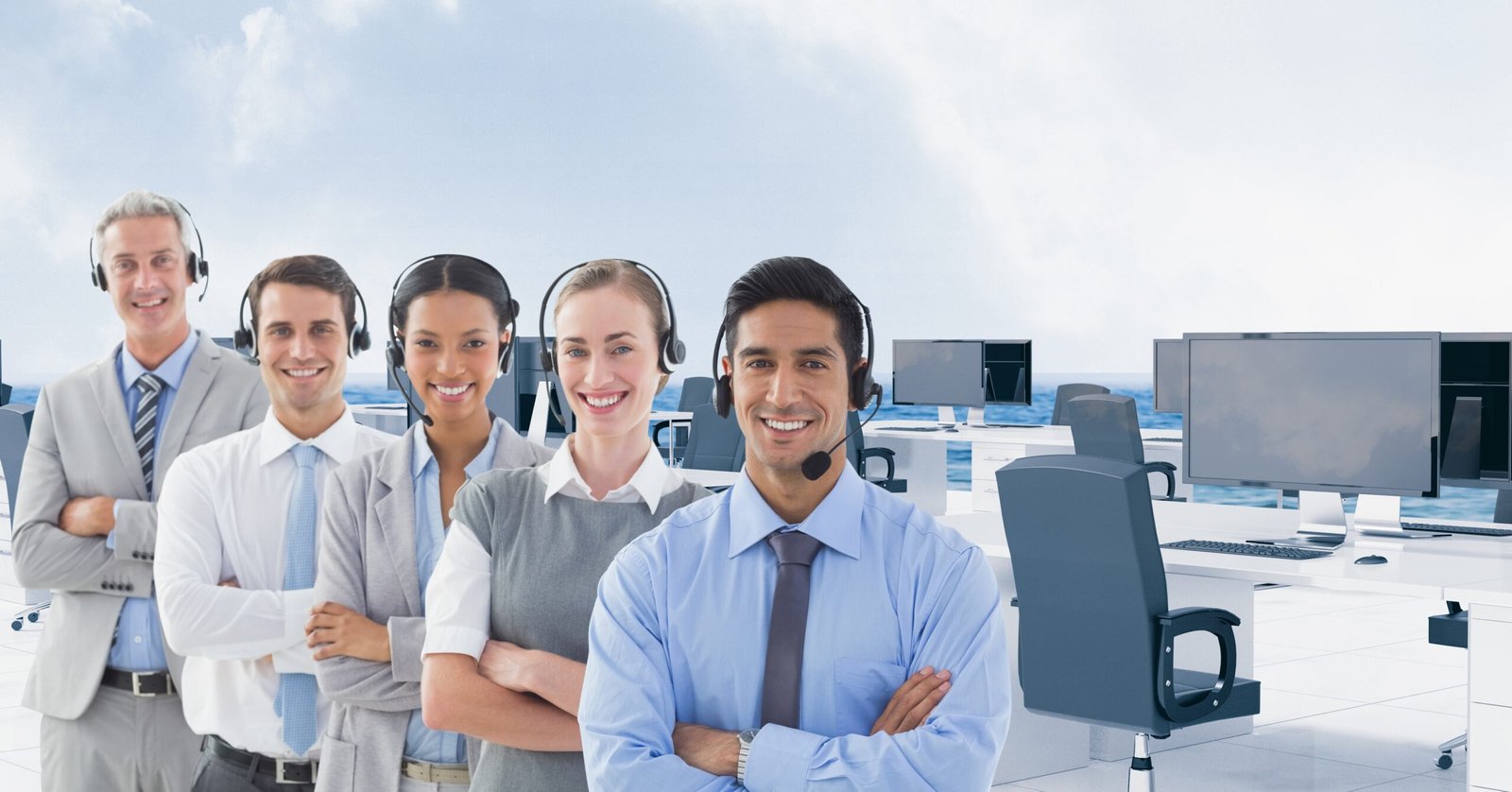 Digital composite image of call center executive wearing headphones and standing with arms crossed