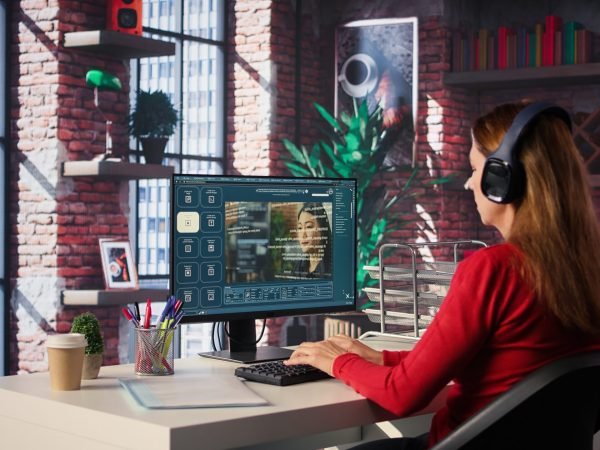 Software developer at home office coding on desktop using AI powered script, building an interface and implementing programming language algorithms. Engineer uses text to code. Camera B.